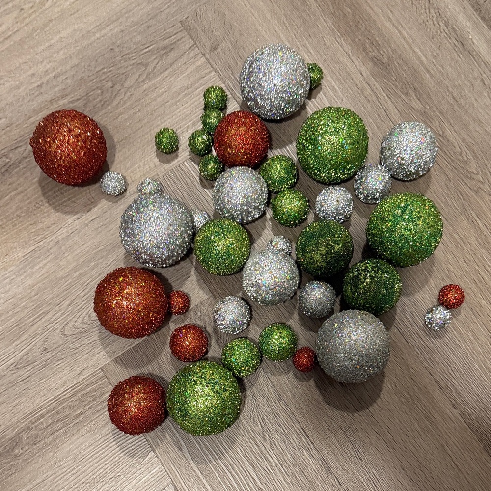 39 Count, Festive Glitter Various Sizes Ball Accent Pieces - Red, Green, Silver